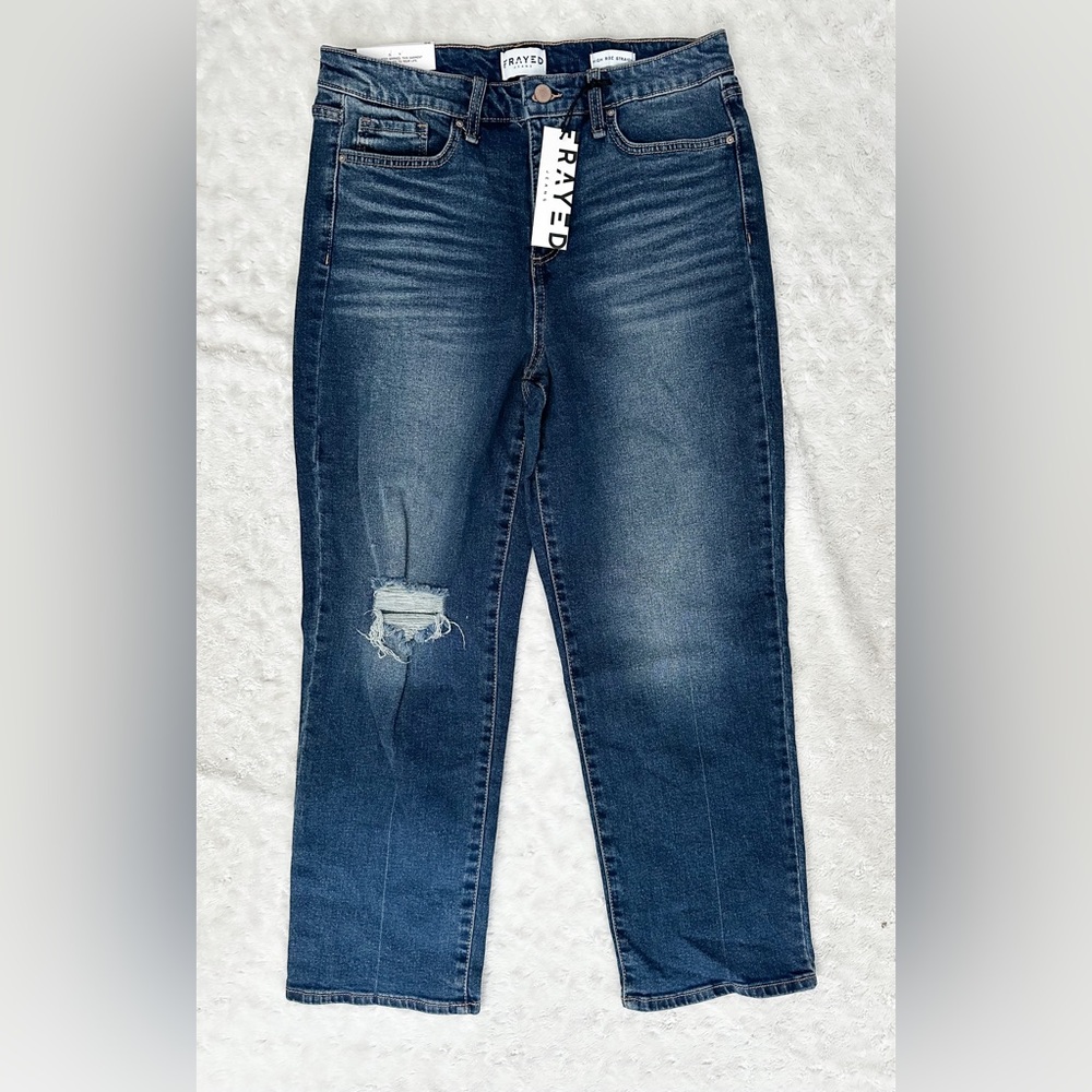 NWT- FRAYED JEANS Distressed High Rise Straight Jean